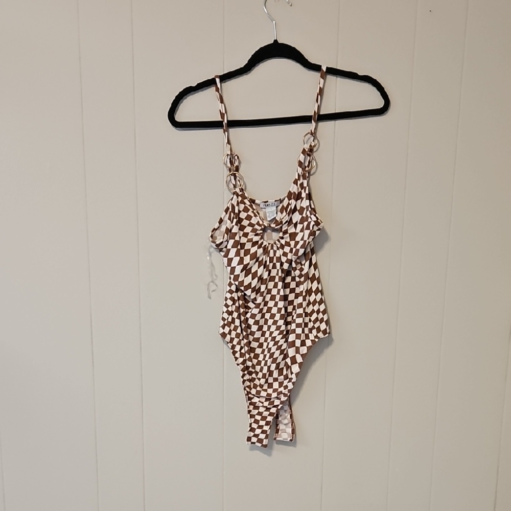 Brown and White Checkered Swimsuit